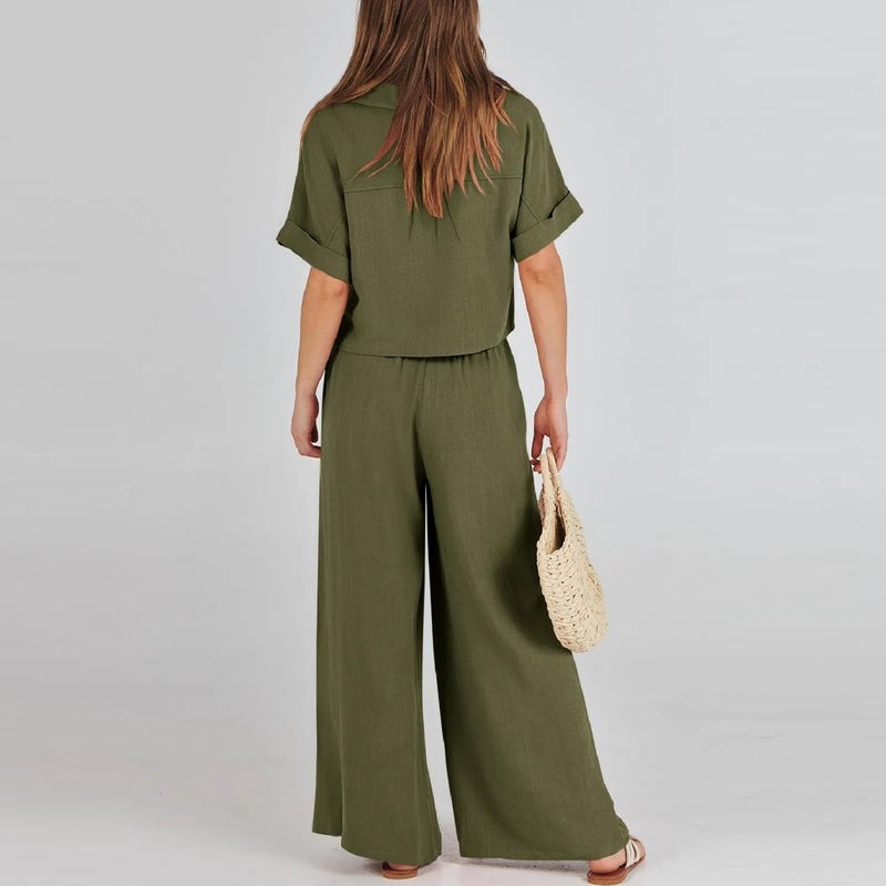 Barbora Elegant Women's T-Shirt and Long Pants Top and Bottom Two Piece Set V Neck Short Sleeve Casual Casual Dress LN27HAKI2  - Image 3