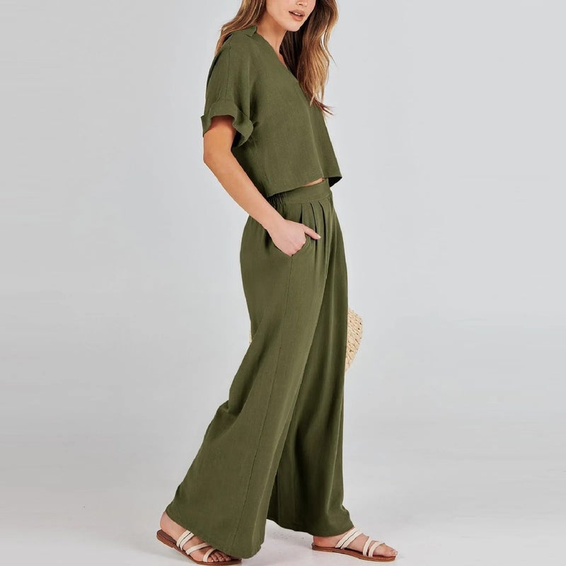 Barbora Elegant Women's T-Shirt and Long Pants Top and Bottom Two Piece Set V Neck Short Sleeve Casual Casual Dress LN27HAKI2  - Image 5