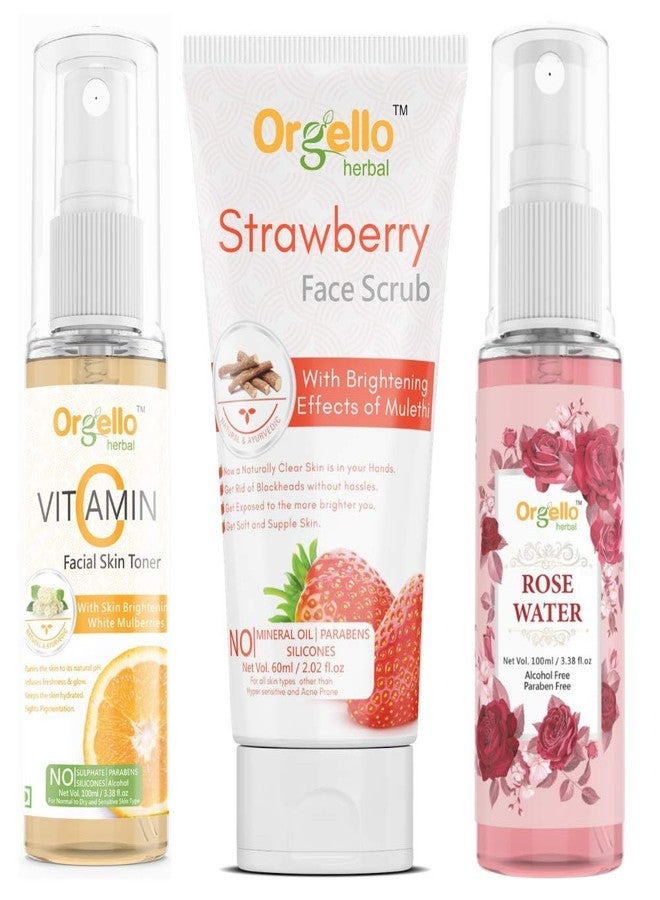 Orgello Herbal Vitamin C Toner Combo (100 ml) With Rose Face Toner (100 ml) + Strawberry Scrub (60g) - Pack Of 3 - for men women girls boys - Image 1