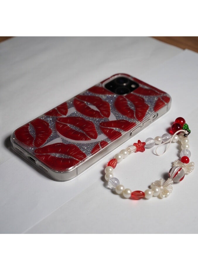 Fashion Glitter Lip Print Clear Protective Case with Beaded Wrist Strap for iPhone 13 - Image 3