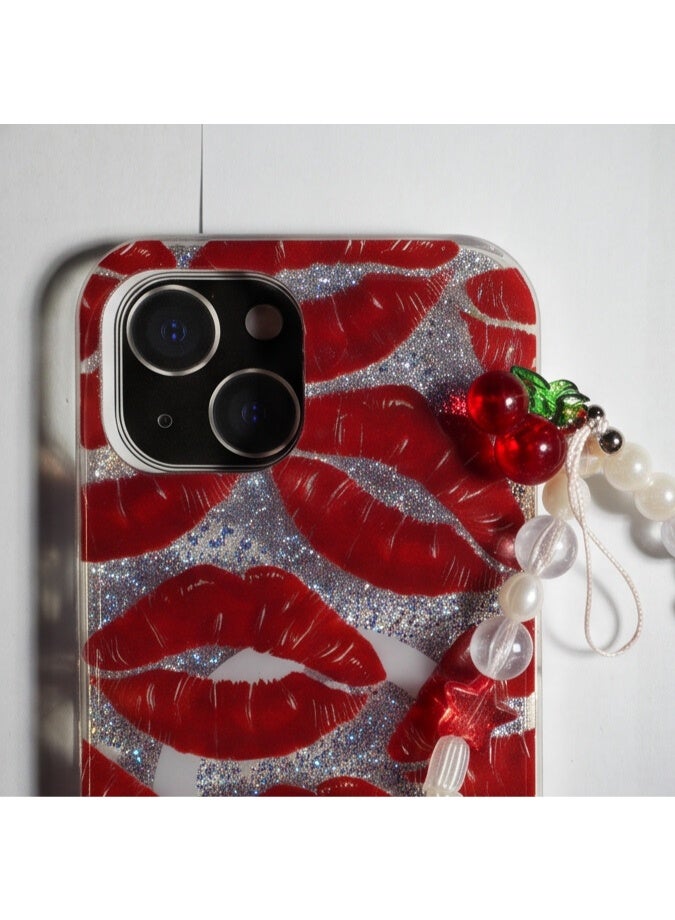 Fashion Glitter Lip Print Clear Protective Case with Beaded Wrist Strap for iPhone 13 - Image 1