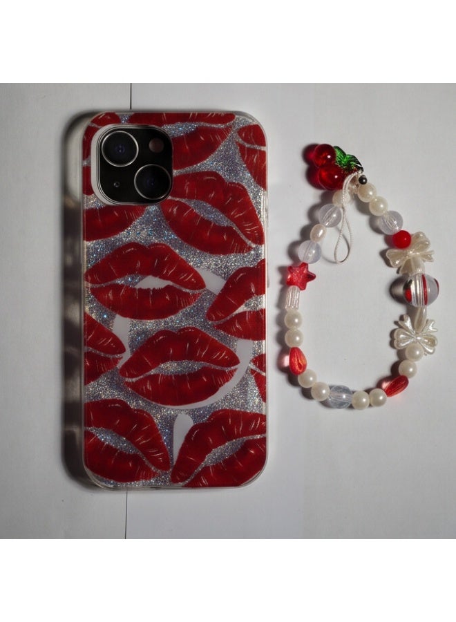 Fashion Glitter Lip Print Clear Protective Case with Beaded Wrist Strap for iPhone 13 - Image 2