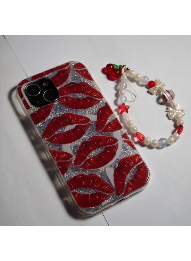 Fashion Glitter Lip Print Clear Protective Case with Beaded Wrist Strap for iPhone 13 - Image 4