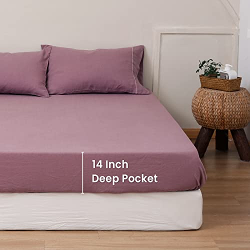 King Linens 100% Linen Fitted Sheet Stone Washed Solid Color - (1 Piece) 14 inch Deep Pocket Mattress Cover Soft Natural Breathable Farmhouse - Purple, Queen Size - Image 4