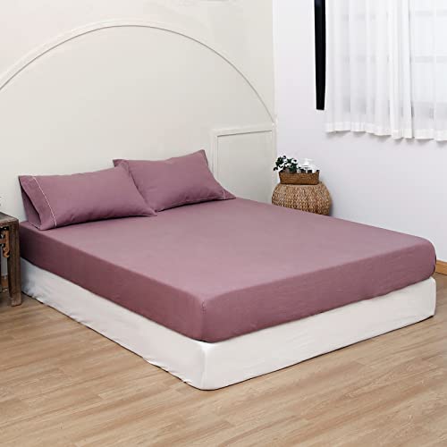 King Linens 100% Linen Fitted Sheet Stone Washed Solid Color - (1 Piece) 14 inch Deep Pocket Mattress Cover Soft Natural Breathable Farmhouse - Purple, Queen Size - Image 5