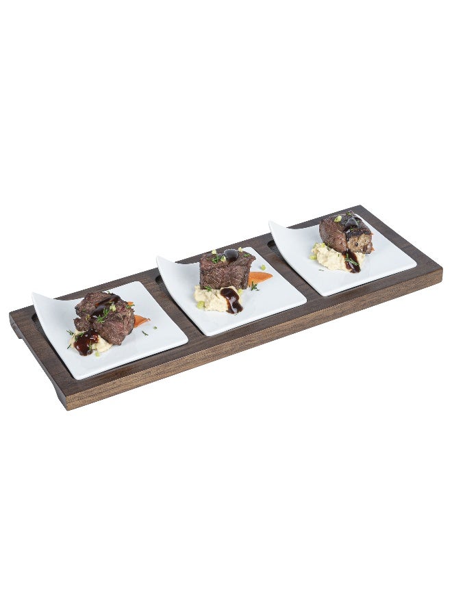 Restaurantware 14.2 x 5.1 x 1.5 Inch Square Plate Set with Tray - 1 Dishwashable Serving Tray Set, Includes 3 Porcelain Plates And 1 Bamboo Tray, White Porcelain And Bamboo Plate Set, Reusable  - Image 2
