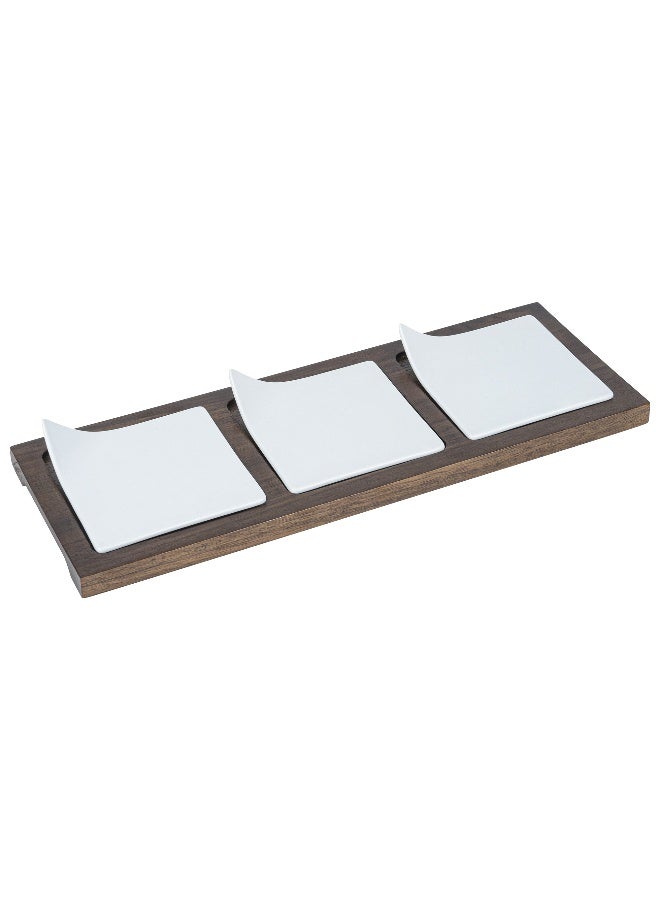 Restaurantware 14.2 x 5.1 x 1.5 Inch Square Plate Set with Tray - 1 Dishwashable Serving Tray Set, Includes 3 Porcelain Plates And 1 Bamboo Tray, White Porcelain And Bamboo Plate Set, Reusable  - Image 1