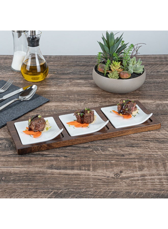 Restaurantware 14.2 x 5.1 x 1.5 Inch Square Plate Set with Tray - 1 Dishwashable Serving Tray Set, Includes 3 Porcelain Plates And 1 Bamboo Tray, White Porcelain And Bamboo Plate Set, Reusable  - Image 3