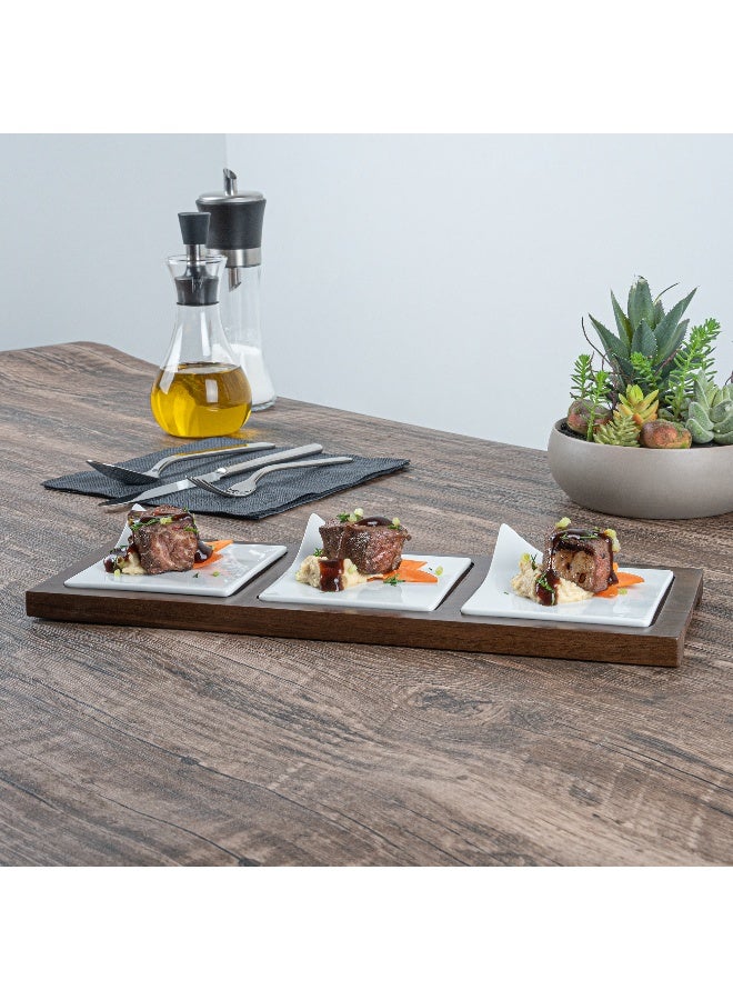 Restaurantware 14.2 x 5.1 x 1.5 Inch Square Plate Set with Tray - 1 Dishwashable Serving Tray Set, Includes 3 Porcelain Plates And 1 Bamboo Tray, White Porcelain And Bamboo Plate Set, Reusable  - Image 4
