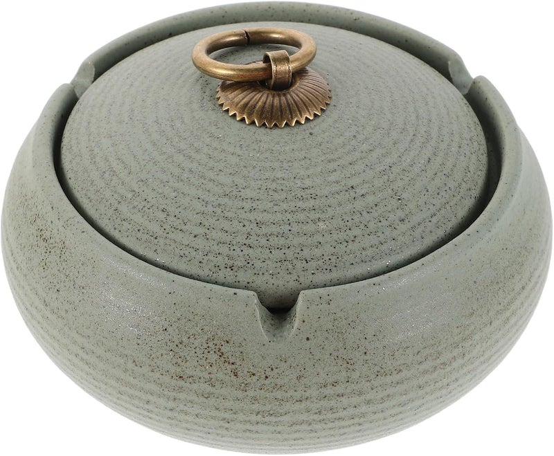 Ceramic Ashtray with Lid Windproof Vintage Design Portable Outdoor Patio Ash Tray for Indoor Home Office Smokers Light Green Decorative Smoke Accessories - Image 1