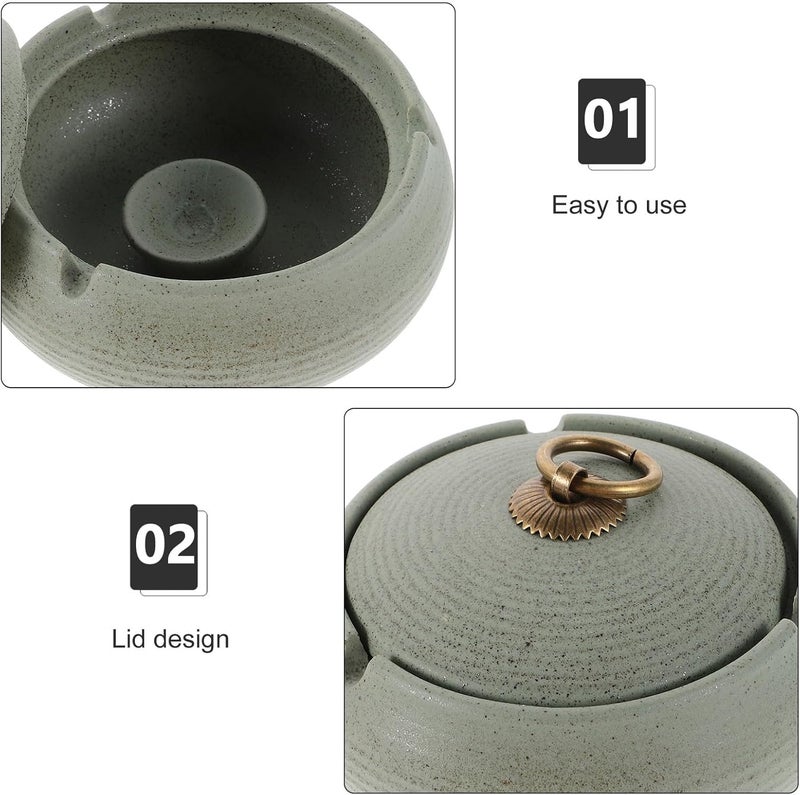 Ceramic Ashtray with Lid Windproof Vintage Design Portable Outdoor Patio Ash Tray for Indoor Home Office Smokers Light Green Decorative Smoke Accessories - Image 3