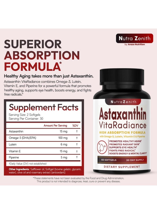 Arazo Nutrition Astaxanthin Supplement with Omega-3, Vitamin E & Lutein - 60 Capsules for Super Antioxidant Support, Energy Boost, Mental Clarity & Eye/Skin Care - Triple-Action Formula (Powerful Antioxidant Complex) - Image 2