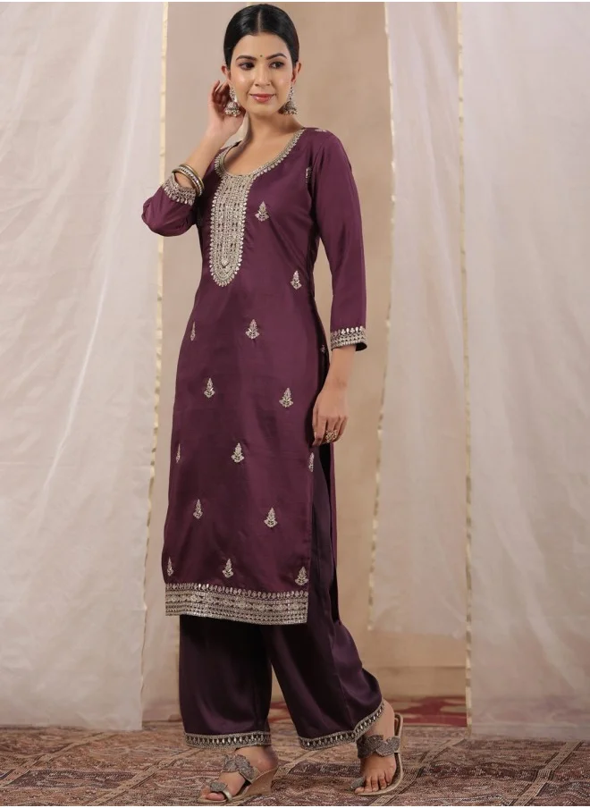 آي شين Aline Fit Self Design Pattern Round Neck Neck Three-Quarter Sleeves Purple Colour Knitted Cotton Kurtas for Women with Semi Elastic Closure - A Timeless Addition to Your Collection