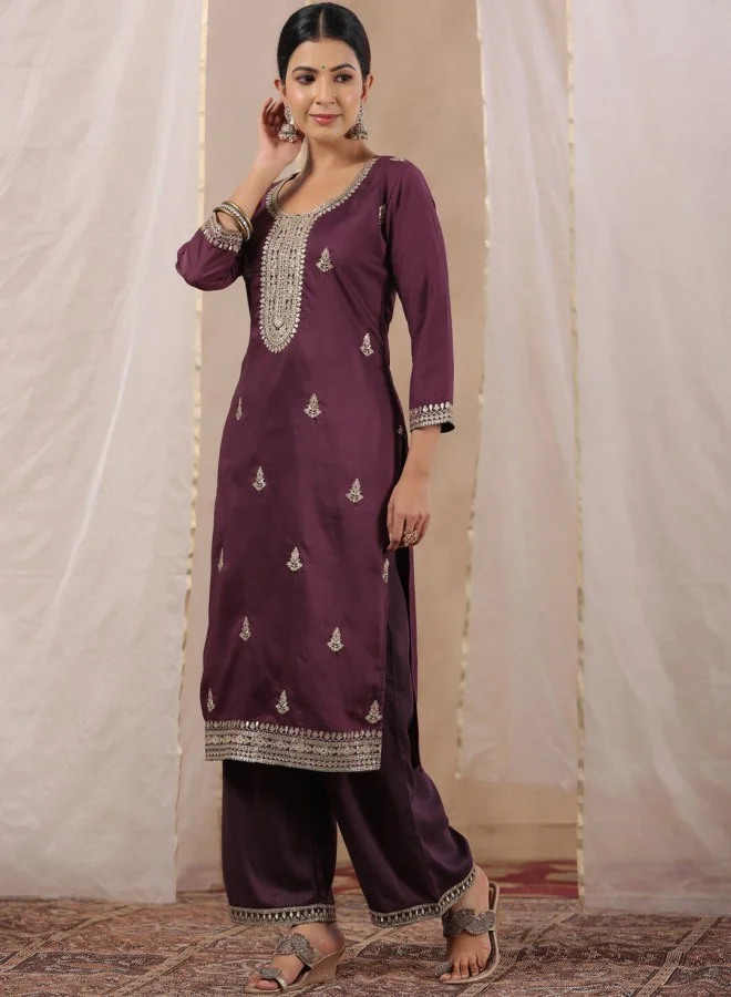 ISHIN Women's Purple 100% Cotton Self Design A-Line Kurta