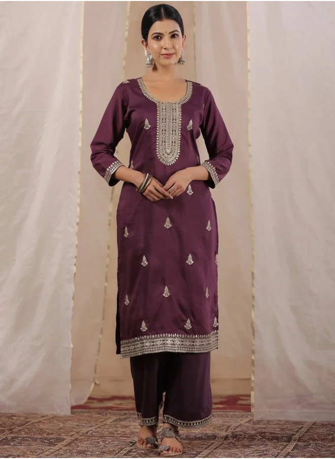 ISHIN Aline Fit Self Design Pattern Round Neck Neck Three-Quarter Sleeves Purple Colour Knitted Cotton Kurtas for Women with Semi Elastic Closure - A Timeless Addition to Your Collection