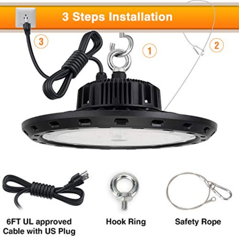 UFO LED High Bay Light 150W 22500LM 150LM / W 5000K، كابل UL 6 بوصة مع قابس أمريكي (يعادل 600W MH/HPS)، مصباح متجر LED، ورشة عمل المرآب LED، تركيبات إضاءة منطقة مصنع الحظيرة غير خافتة 1PACK 22500lm، 5000K، Eqv. إلى 600 وات HPS/MH، مصنع مستودعات المتاجر، نوع اللمسة النهائية باللون الأسود - Image 5