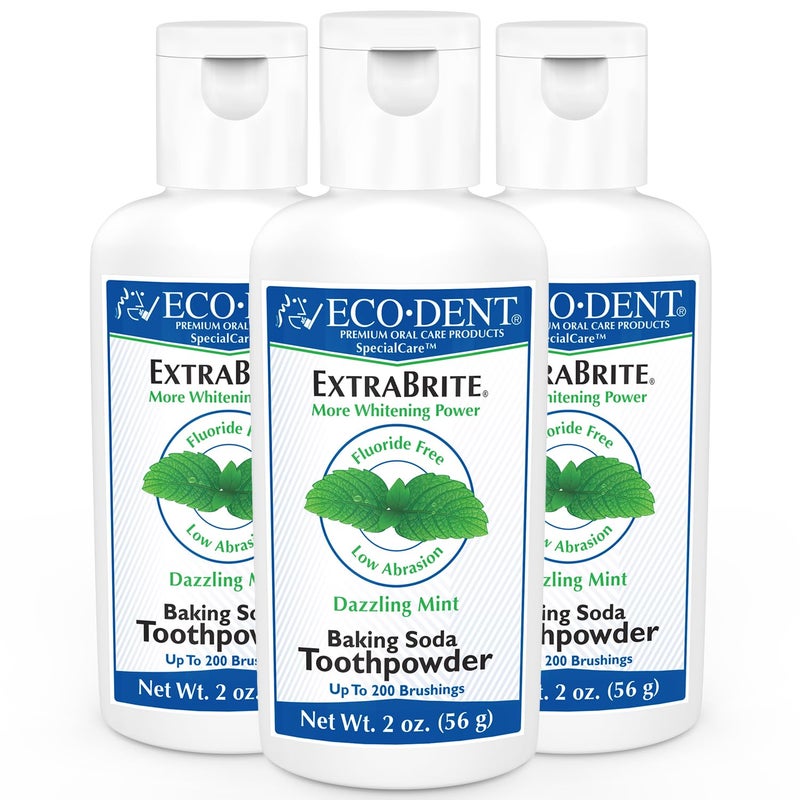 Eco-Dent ExtraBrite Baking Soda Toothpowder, Mint - Fluoride-Free Toothpaste Powder, SLS-Free Tooth Powder with Oxidizing Calcium Peroxide, Whitening Toothpaste Alternative, 2 Oz Ea (Pack of 3) - Image 1