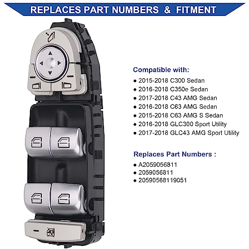 Obaee Master Power Window Switch Front Driver Side Compatible with Mercedes-Benz C300, C350e, C43 AMG, C63 AMG, C63 AMG S, GLC300, GLC43 AMG 2015-2018, Replace A2059056811, 2059056811, Black-Color - Image 2