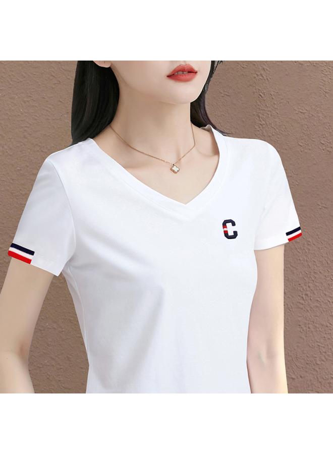 Song Feng Ya White V-neck Short Sleeve T-shirt Women's Cotton Color Matching Embroidered Top New Leisure Sports Mother T-shirt 