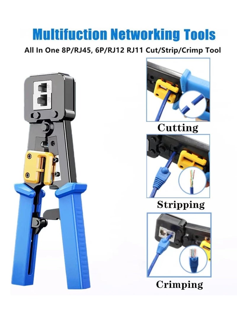 SYOSI RJ45 Crimp Tool Kit with Pass Through Connectors - Cat5/5e/Cat6 Ethernet Cable Crimper, Network Tester, and Wire Stripper Set, 30PCS 1.1mm CAT6 Connectors & Covers Included  - Image 2