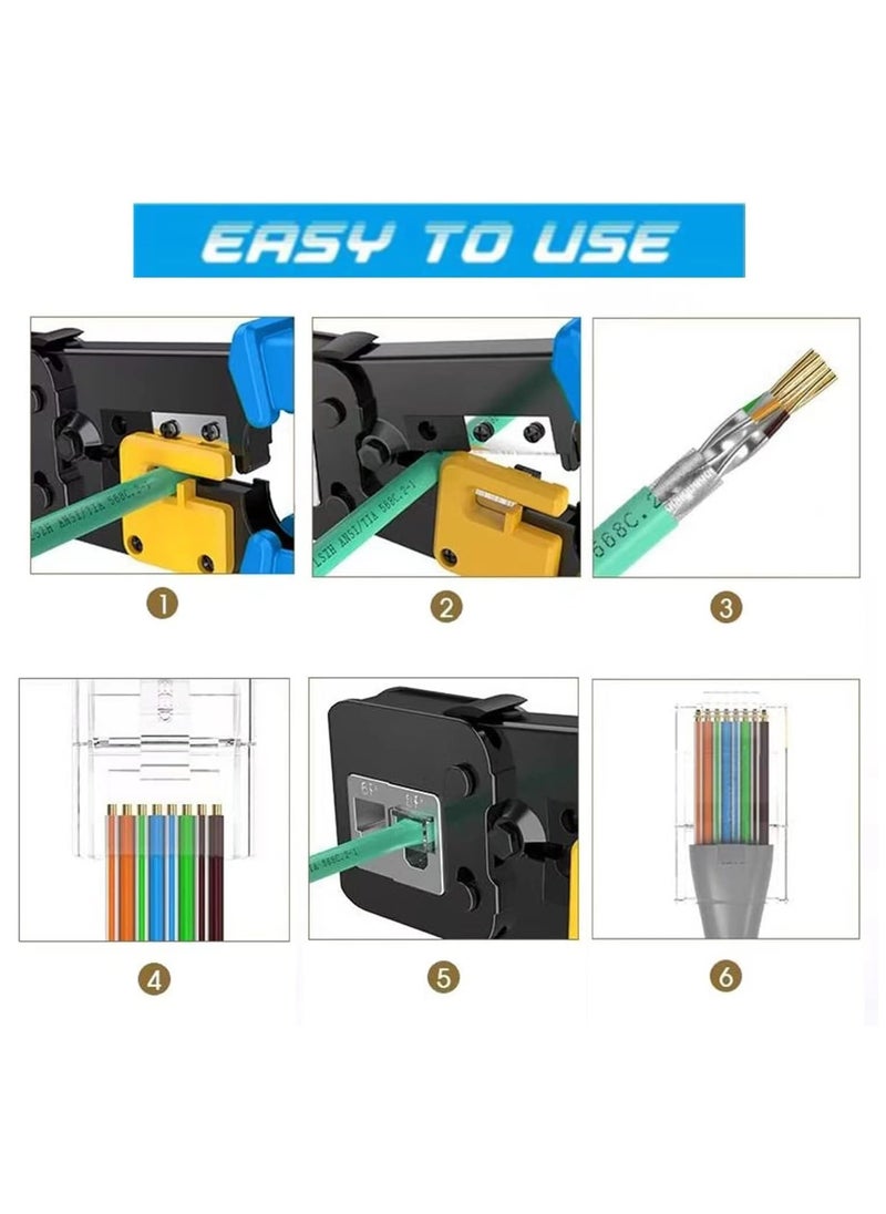SYOSI - RJ45 Crimp Tool Kit with Pass Through Connectors - Cat5/5e/Cat6 Ethernet Cable Crimper, Network Tester, and Wire Stripper Set, 30PCS 1.1mm CAT6 Connectors & Covers Included - Image 1