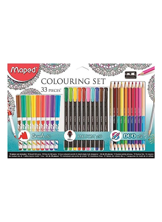 Maped - Maped-33 Piece Colouring Set (Includes Brush Felt Tips, Fineliner Pens, Coloured Pencils and Metal Sharpener) - Image 1