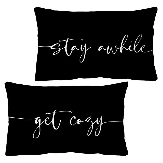 FAMILY SENTIMENT THEMED PILLOWCASES DECORATIONS FOR HOME GET COZY STAY AWHILE BLACK THROW PILLOW COVERS 12X20SET OF 2 HOUSEWARMING GIFTS COUPLES GIFTS BED GIFTS