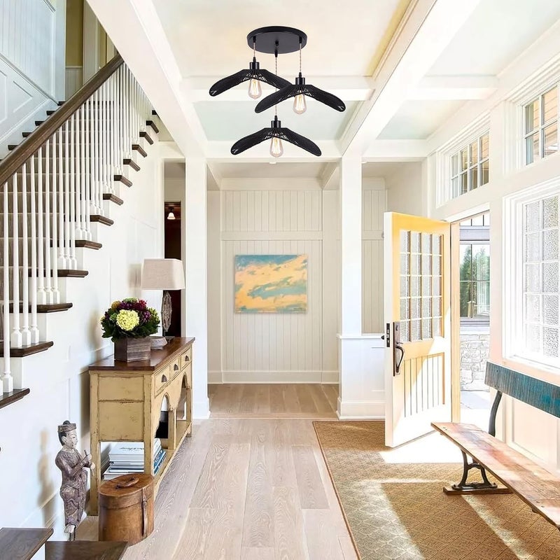 Garwarm Rattan Pendant Light Boho Hanging Light, 3-Lights Handmade Pendant Light Fixture Adjustable Farmhouse 3 Shade Chandelier for Living Room Dining Room Kitchen Bar coffee Foyer Hallway 41cm - Image 3