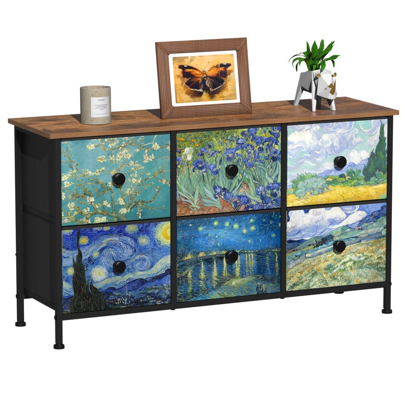 EXOTICA EXOTICA 6 Drawer Dresser for Bedroom Van Gogh Chest of Drawers Wide TV Stands Fabric Storage Drawer Unit for Living Room Entryway Closet Sturdy Steel Frame Wood Top