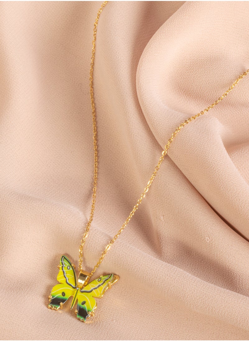 The Black Pearl Accessories - Stainless Steel Necklace Gold with a Green/Yellow Butterfly Pendant - Image 1