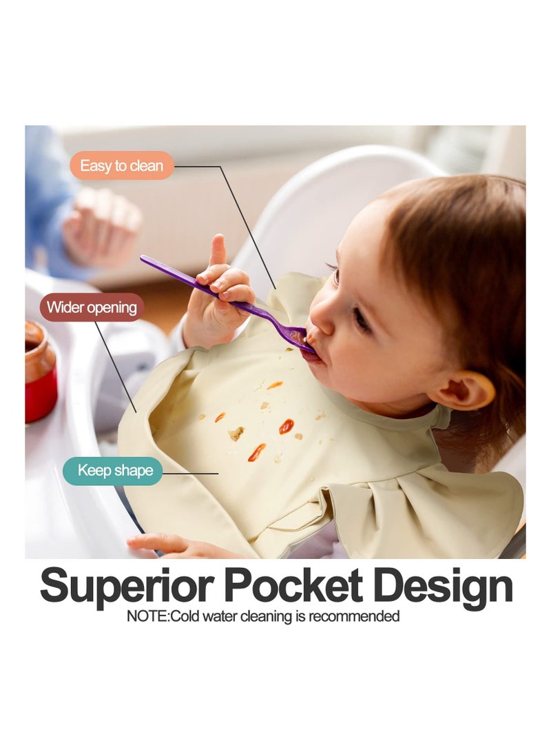 KASTWAVE Baby Bib, Silicone Baby Bib, 3 PCS Waterproof Baby Bib, Washable Toddler Bibs, Easy Wipe Baby Feeding Bibs, Soft Feeding Bibs, with Food Catcher, for Baby Boy or Girl Eating, Travel Home Supplies - Image 4