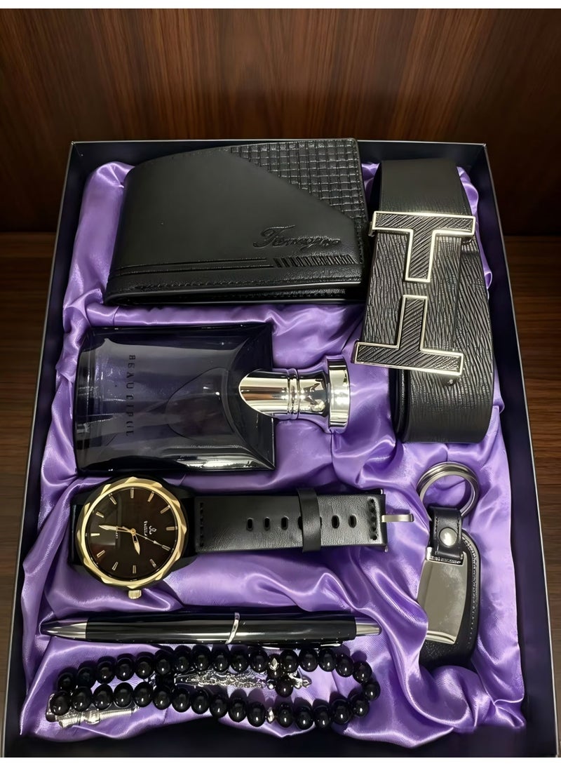 Fancy 7 PCS Deluxe Gift Leather Sets - Quartz Watch ,Belt, Wallet, Perfume ,Rosary ,Keychain, Ballpoint Pen,Business Men Gift - Image 1