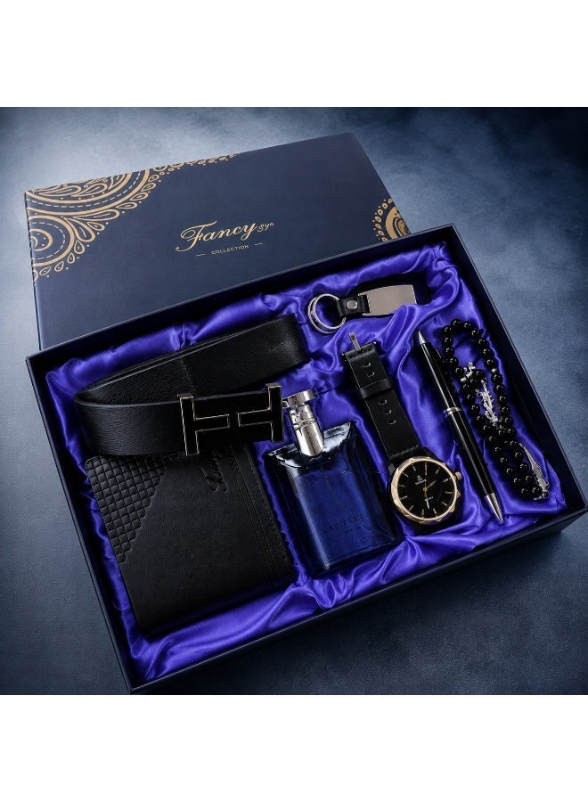 Fancy 7 PCS Deluxe Gift Leather Sets - Quartz Watch ,Belt, Wallet, Perfume ,Rosary ,Keychain, Ballpoint Pen,Business Men Gift - Image 1