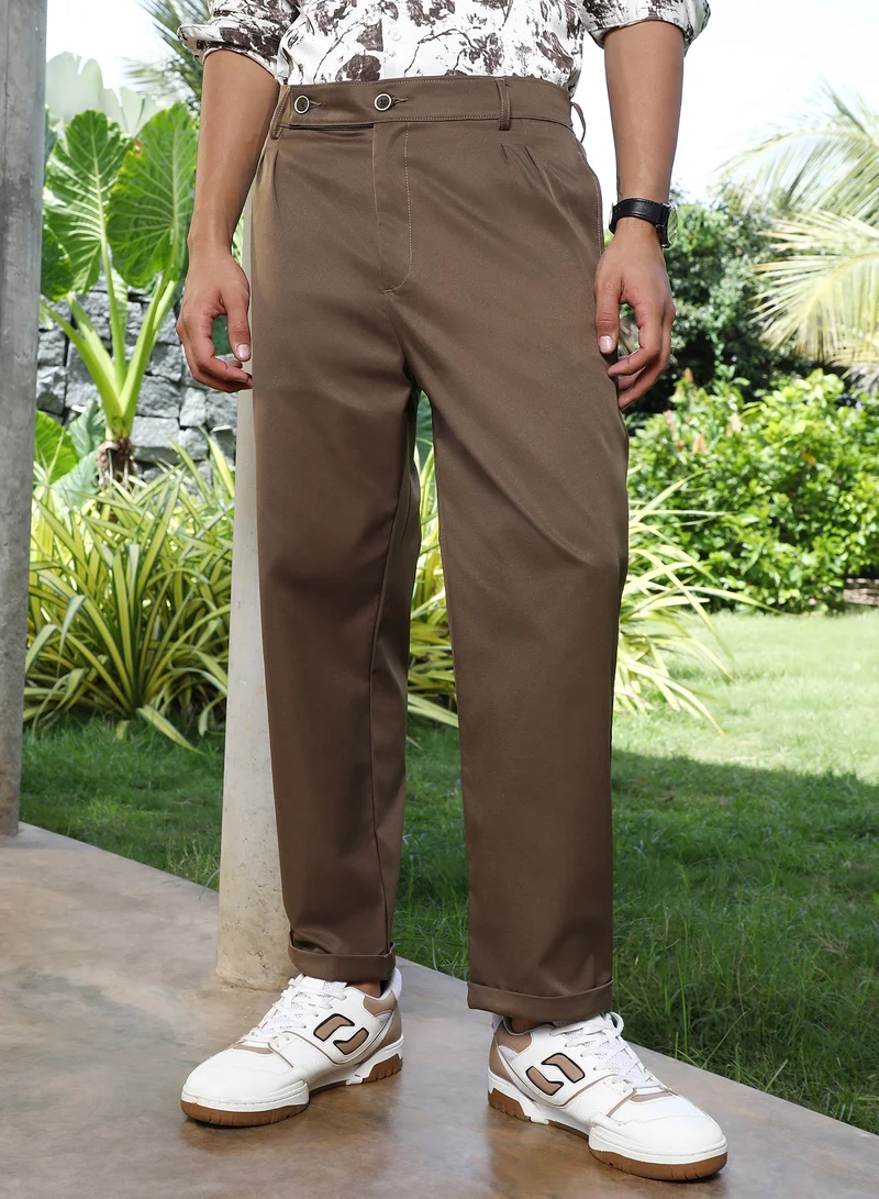 Campus Sutra Men Extended-Waistband Straight Trousers | Pleated Front With Folded Cuffs & Relaxed Fit | Polyester Blend Wrinkle-Free Fabric For Streetwear & Casual Outings | Coffee Brown