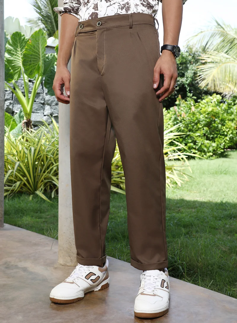 CAHOOT  Men Extended-Waistband Straight Trousers | Pleated Front With Folded Cuffs & Relaxed Fit | Polyester Blend Wrinkle-Free Fabric For Streetwear & Casual Outings | Coffee Brown for Men | Best Price UAE