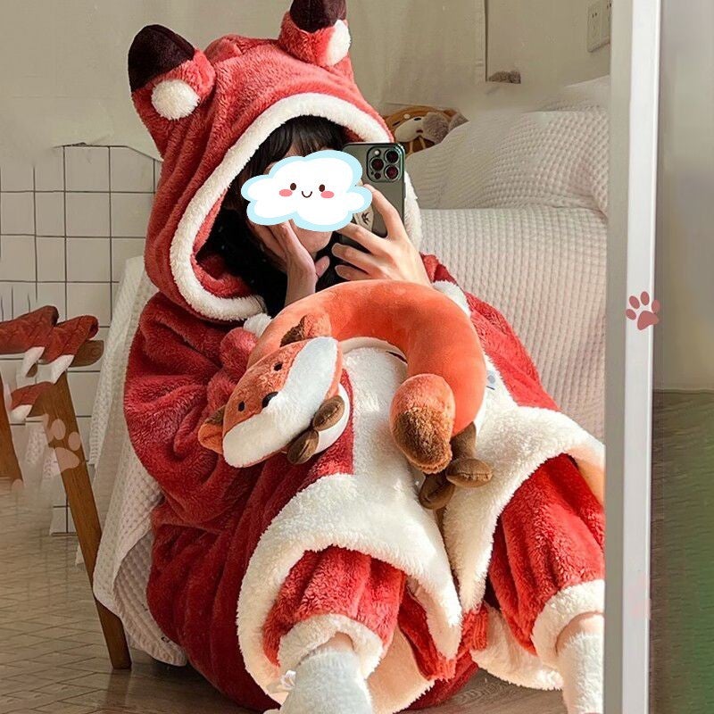 Cute Fox Warm Plush Robe for Women Fox robe + pants (two wear) 