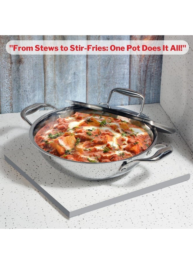 VINOD SAS Pro Platinum Triply Stainless Steel Extra Deep Kadai - 22 cm, 2.5 L | HexaShield Design Stick-Resistant Surface | Metal Spatula Safe | Healthy Cooking | Induction & Gas base | PFOA Free - Image 2
