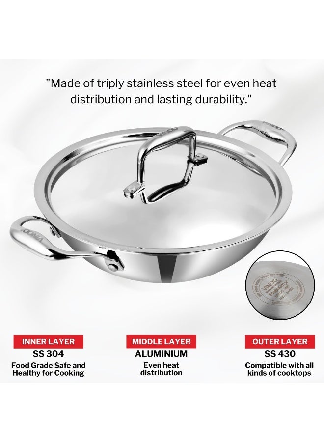 VINOD SAS Pro Platinum Triply Stainless Steel Extra Deep Kadai - 22 cm, 2.5 L | HexaShield Design Stick-Resistant Surface | Metal Spatula Safe | Healthy Cooking | Induction & Gas base | PFOA Free - Image 3