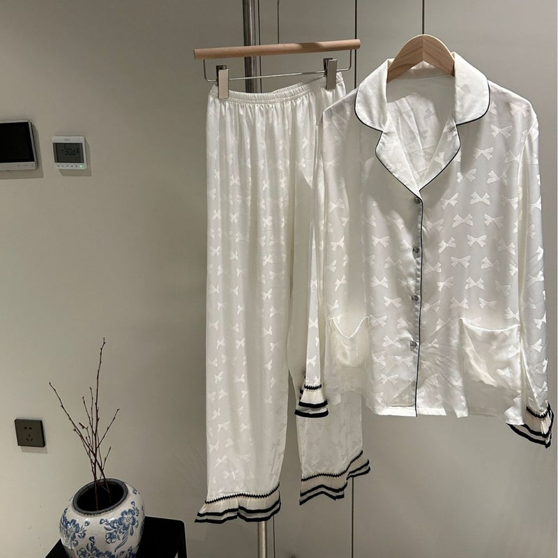 Women's Loungewear Pajama Set, Ice Silk, Loose, Luxury, Black/White - Image 2