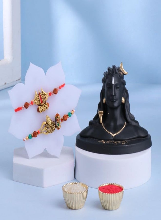 Floweraura Premium Rakhi for Brother Idol Combo Include Set of 2 Traditional Shiva & Damru Rakhis with Lord Shiva Adiyogi Idol & Roli Set - Rakhi Gift for Brother, Bhai, Cousins & Rakshabandhan Gift - Image 1