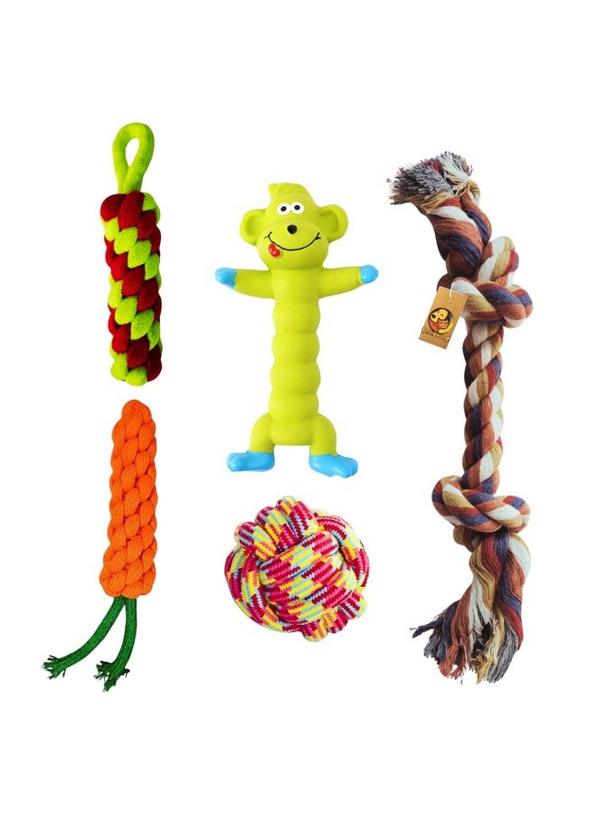 مجموعة ألعاب حبلية 5 في 1 تصدر أصواتًا ومضغًا للكلاب - (حبل مكون من عقدتين + كرة قطنية + جزرة + عصا ذرة + قرد أخضر) | لعبة مضغ ولعب وتسنين للكلاب الصغيرة والجراء - Image 1