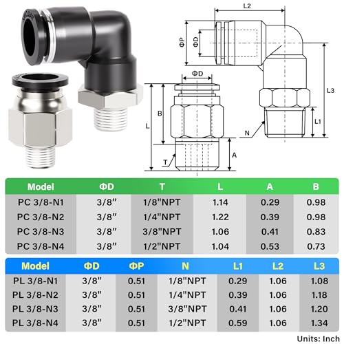 TAILONZ PNEUMATIC Elbow and Straight Combination 3/8 Inch Tube OD x 1/8 Inch NPT Thread Push to Connect Fittings PC-3/8-N1+PL-3/8-N1(Pack of 12) - Image 2