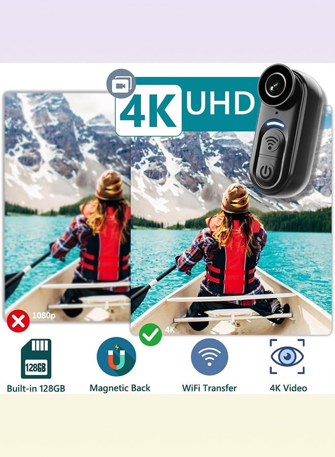 4K Mini Body Camera 128GB, Thumb Size Action Body Cam, Wearable Sports Cameras,Hands-Free POV Recording, Helmet Mount, Magnetic Sport DV for Bike Cycling,for Vlogging Pet Walk Swim - Image 2