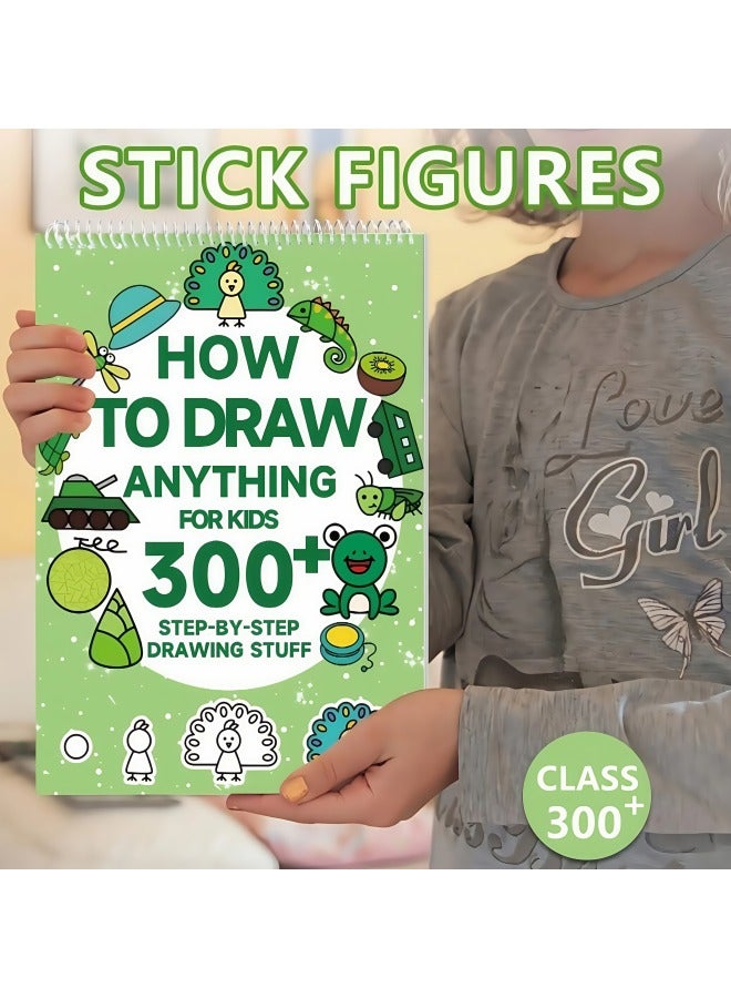 1pc Green Stick Figure Drawing Book for Youngsters - 300+ Step-by-Step Art & Education Toy, Learning Painting Supplies with Cartoon Dinosaur & Frog Designs, Perfect for Creative Writing & Coloring, Youngsters Drawing Book | Playful Design | Spiralbound Book  - Image 1