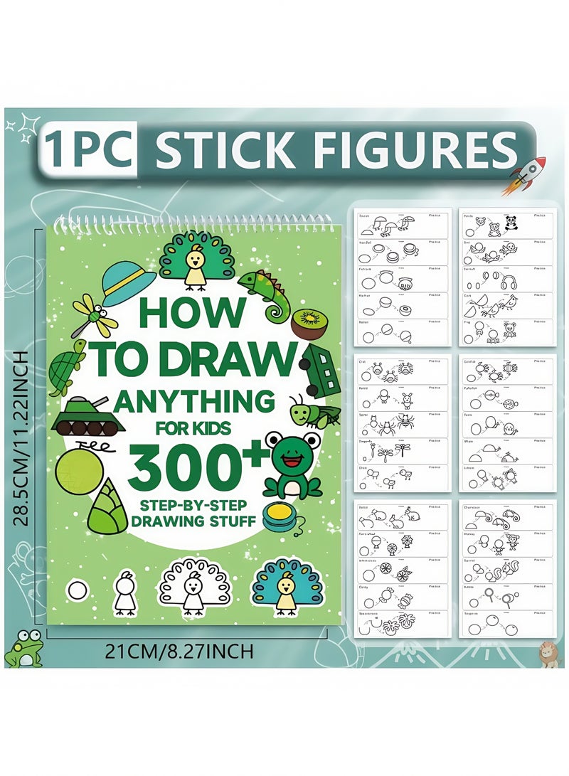 1pc Green Stick Figure Drawing Book for Youngsters - 300+ Step-by-Step Art & Education Toy, Learning Painting Supplies with Cartoon Dinosaur & Frog Designs, Perfect for Creative Writing & Coloring, Youngsters Drawing Book | Playful Design | Spiralbound Book  - Image 4
