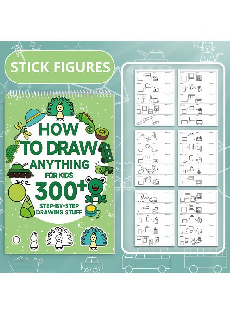 1pc Green Stick Figure Drawing Book for Youngsters - 300+ Step-by-Step Art & Education Toy, Learning Painting Supplies with Cartoon Dinosaur & Frog Designs, Perfect for Creative Writing & Coloring, Youngsters Drawing Book | Playful Design | Spiralbound Book  - Image 2
