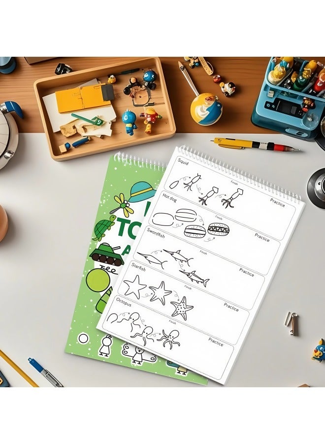 1pc Green Stick Figure Drawing Book for Youngsters - 300+ Step-by-Step Art & Education Toy, Learning Painting Supplies with Cartoon Dinosaur & Frog Designs, Perfect for Creative Writing & Coloring, Youngsters Drawing Book | Playful Design | Spiralbound Book  - Image 5