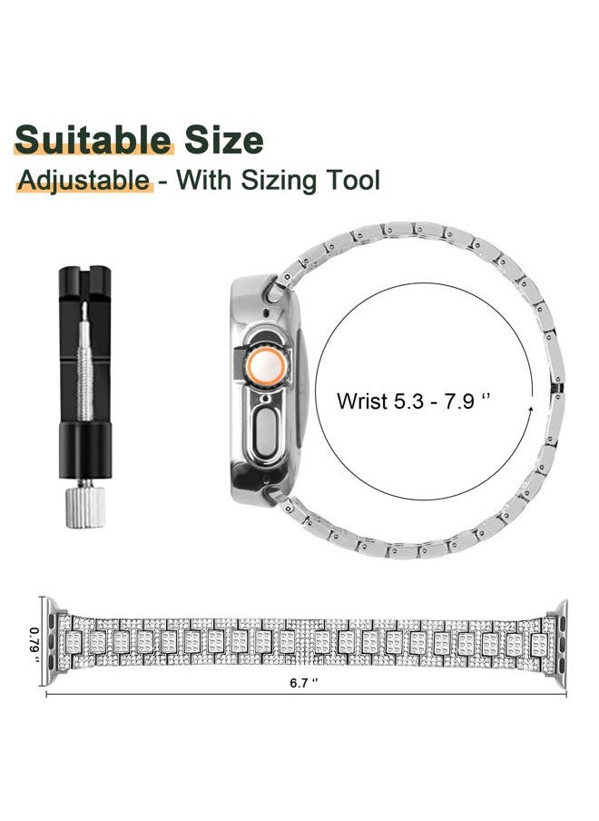Mosonio - Compatible with Apple Watch Band Ultra 2/ Ultra 49mm with Case Women, Bling Metal Wristband Strap with 2 Pack Bling PC Protective Cover for iWatch Ultra 49mm (49mm, Silver) - Image 1