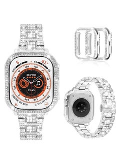 Compatible with Apple Watch Band Ultra 2/ Ultra 49mm with Case Women, Bling Metal Wristband Strap with 2 Pack Bling PC Protective Cover for iWatch Ultra 49mm (49mm, Silver)