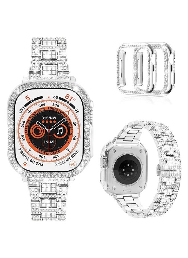 Mosonio - Compatible with Apple Watch Band Ultra 2/ Ultra 49mm with Case Women, Bling Metal Wristband Strap with 2 Pack Bling PC Protective Cover for iWatch Ultra 49mm (49mm, Silver) - Image 1